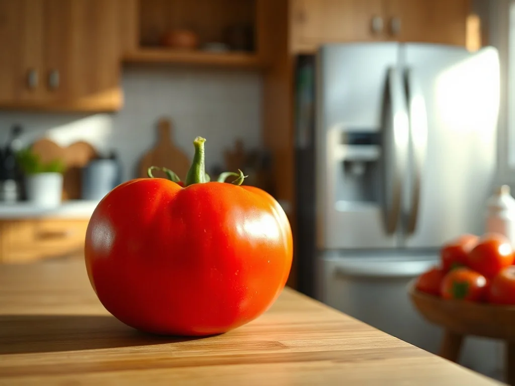Świeży, czerwony pomidor na drewnianym blacie kuchennym w pobliżu otwartej lodówki.