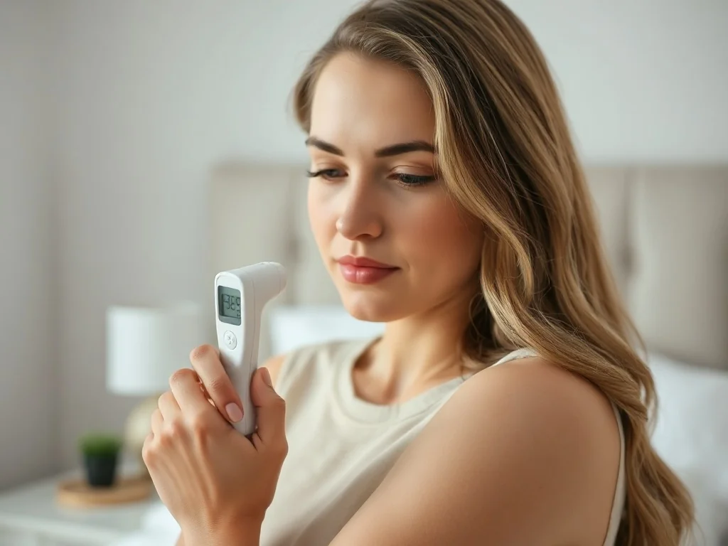 Kobieta mierzy temperaturę ciała za pomocą termometru elektronicznego umieszczonego pod pachą.