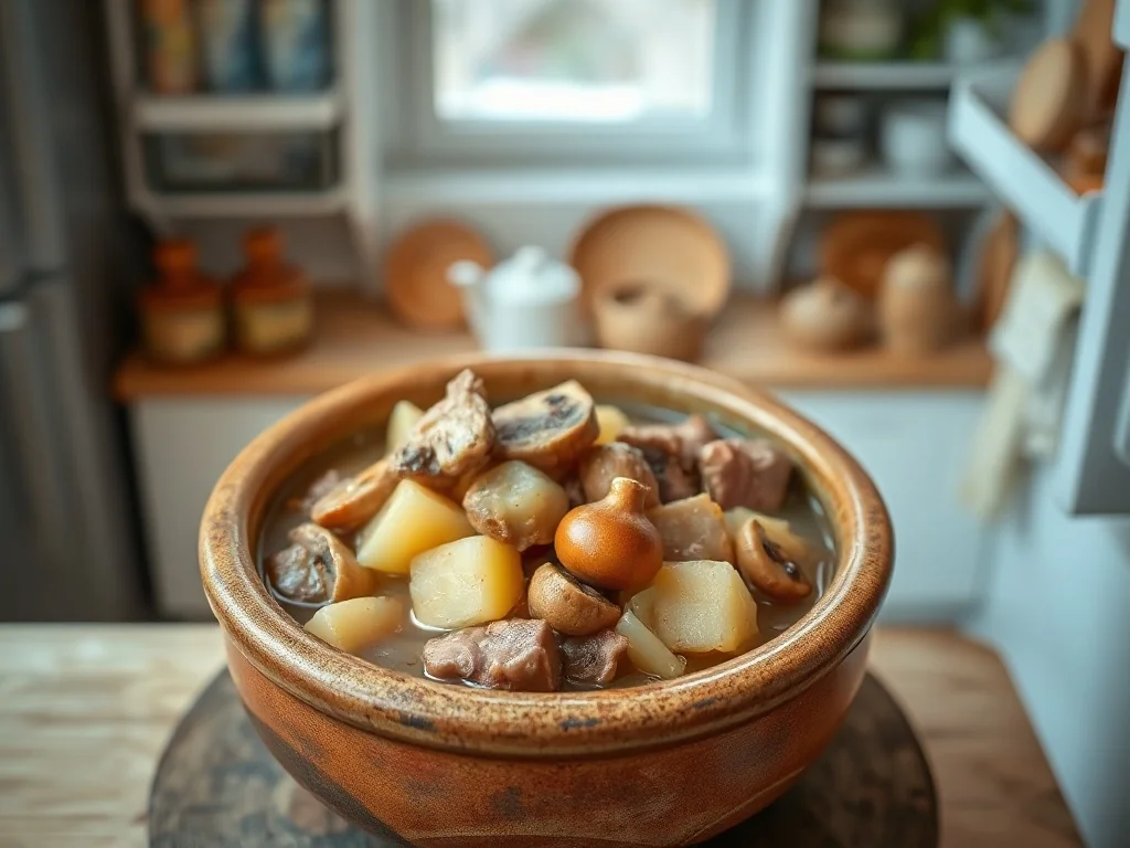 Tradycyjny bigos w ceramicznej misce na tle nowoczesnej kuchni, gotowy do przechowywania w lodówce.